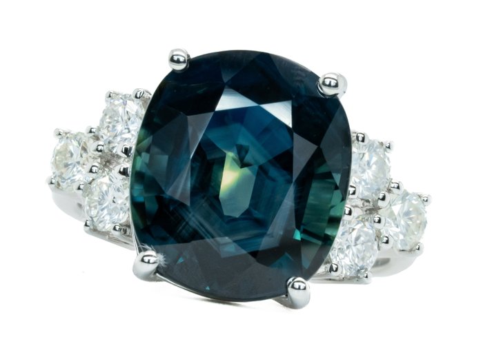 Ingen mindstepris - Ring - 18 kraat Hvidguld, Dyb blå (ingen varme) -  11.14ct. tw. Safir - Diamant - 0,98 ct - SI