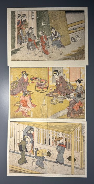 Utagawa Toyokuni, 3 sider fra "Ehon imayō sugata"-bogen, Edo. - Papir - Utagawa Toyokuni I (1769-1825) - Japan - Edo-perioden (1600-1868)