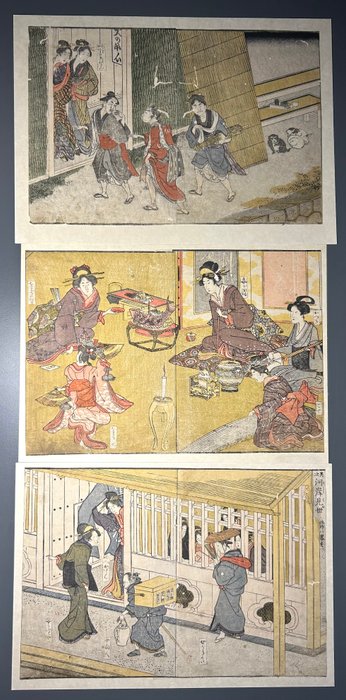 Utagawa Toyokuni, 3 sider fra "Ehon imayō sugata"-bogen, Edo. - Papir - Utagawa Toyokuni I (1769-1825) - Japan - Edo-perioden (1600-1868)