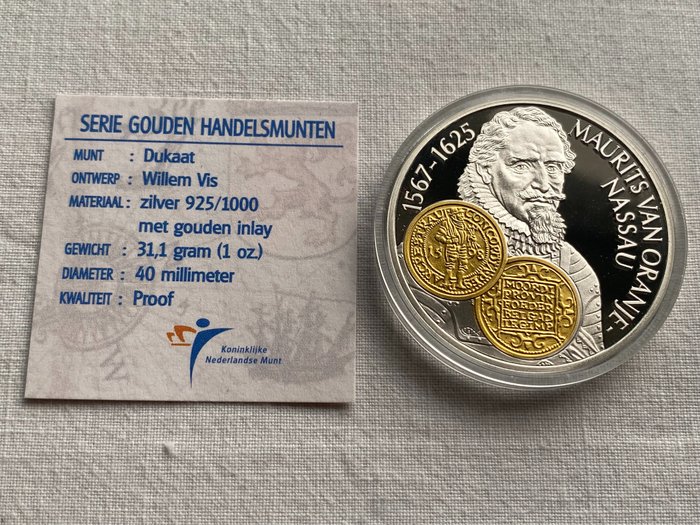 Hollandske Antiller. 10 Gulden 2001 Handelsmunt 'Maurits van Oranje-Nassau' zilver met gouden inlay  (Ingen mindstepris)