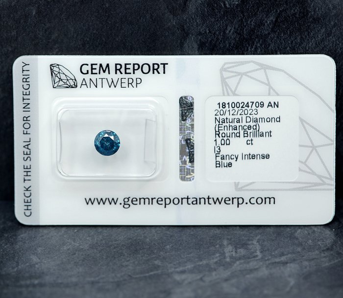 Ingen mindstepris - 1 pcs Diamant  (Farvebehandlet)  - 1.00 ct - Fancy intense Blå - I3 - Gem Report Antwerp (GRA)