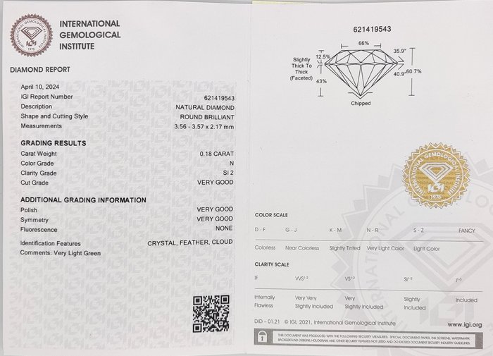 Ingen mindstepris - 1 pcs Diamant  (Natur)  - 0.18 ct - Rund - N (tonet) - SI2 - International Gemological Institute (IGI)