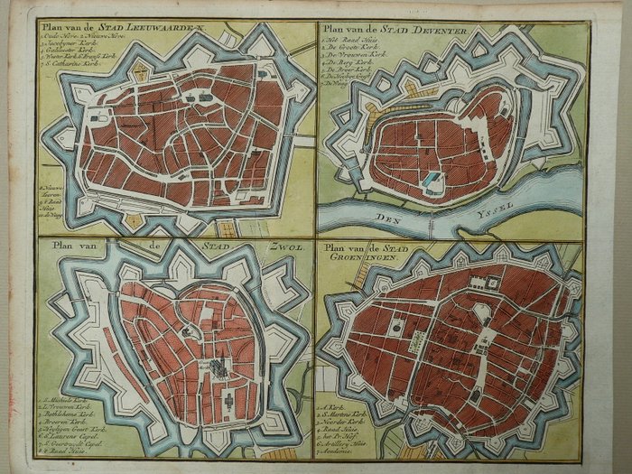 Holland - Leeuwarden, Deventer, Zwolle, Groningen; Hendrik de Leth - Plan van de stad Leeuwaarden - Deventer - Zwol - Groeningen - 1740