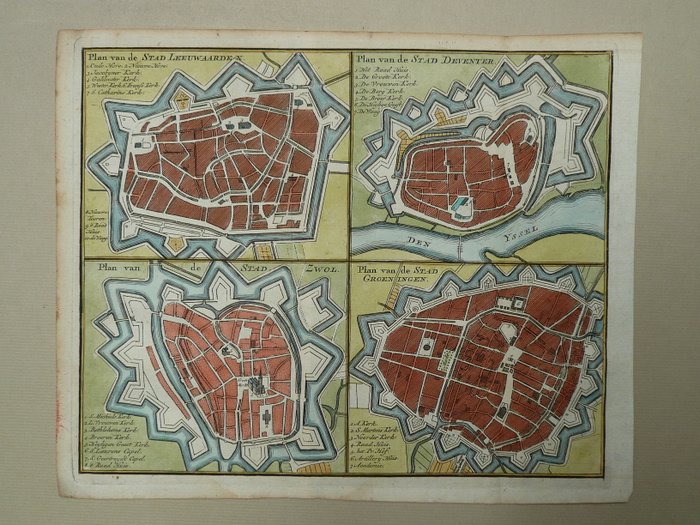 Holland - Leeuwarden, Deventer, Zwolle, Groningen; Hendrik de Leth - Plan van de stad Leeuwaarden - Deventer - Zwol - Groeningen - 1740