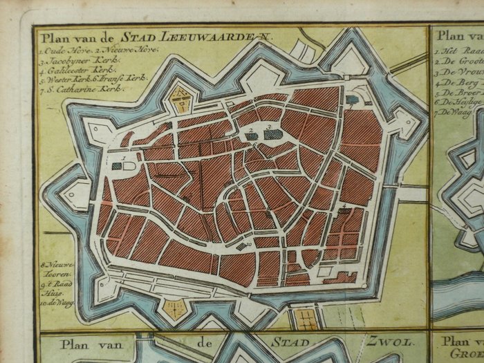 Holland - Leeuwarden, Deventer, Zwolle, Groningen; Hendrik de Leth - Plan van de stad Leeuwaarden - Deventer - Zwol - Groeningen - 1740