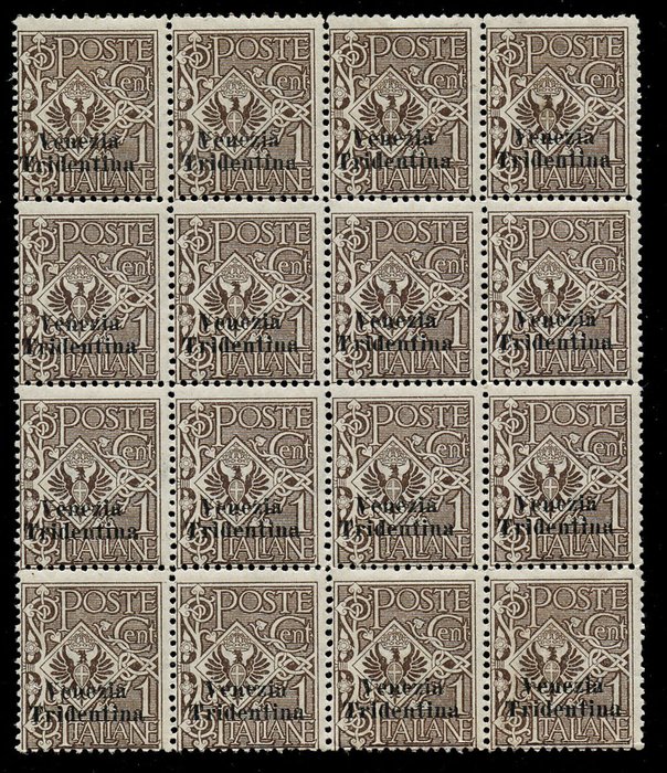 Italien - Trentino 1919 - Blomster 1 cent, blok med 16 eksemplarer - Sassone N. 19 € 1200