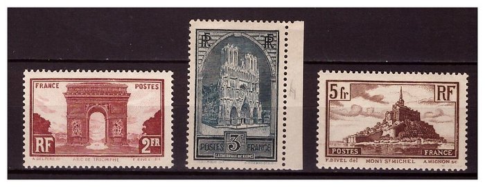 Frankrig 1929/1931 - Udvalg af nye frimærker** 1 valg Semi moderne fra 1929-30 inklusive "Monumenter  BIT Kongresser" - Yvert n°258 au n°260  n°263/65 avec Arc de Triomphe  Mont St Michel  Cathedrale de Reims BdF