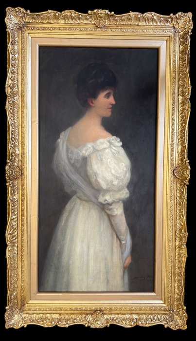 John Shirley-Fox R.B.A. (1860-1939) (A student of Bouguereau) - A very large 3/4 length portrait of an elegant Edwardian society lady