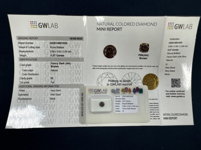 Ingen mindstepris - 1 pcs Diamant  (Natur)  - 057 ct - Rund - I3 - Gemewizard Gemological Laboratory (GWLab) - Fancy mørkebrun