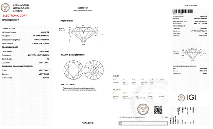 Ingen mindstepris - 1 pcs Diamant  (Naturfarvet)  - 0.45 ct - Rund - Very light Gul - I2 - International Gemological Institute (IGI)