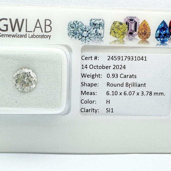 Ingen mindstepris - 1 pcs Diamant  (Natur)  - 0.93 ct - Rund - H - SI1 - Gemewizard Gemological Laboratory (GWLab)