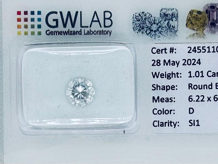 1 pcs Diamant  (Natur)  - 1.01 ct - Rund - D (farveløs) - SI1 - Gemewizard Gemological Laboratory (GWLab)