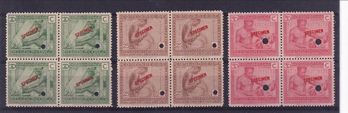 Belgisk Congo 1923/1923 - Vloors Specimen 20c, 25c, 30c, en bloc de quatre, MNH - COB 109, 110, 111