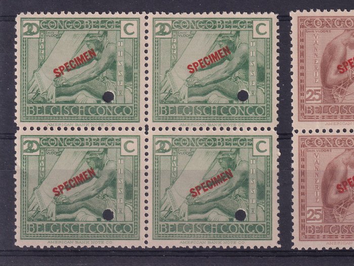 Belgisk Congo 1923/1923 - Vloors Specimen 20c, 25c, 30c, en bloc de quatre, MNH - COB 109, 110, 111