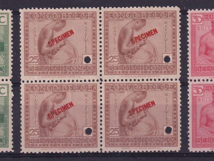 Belgisk Congo 1923/1923 - Vloors Specimen 20c, 25c, 30c, en bloc de quatre, MNH - COB 109, 110, 111