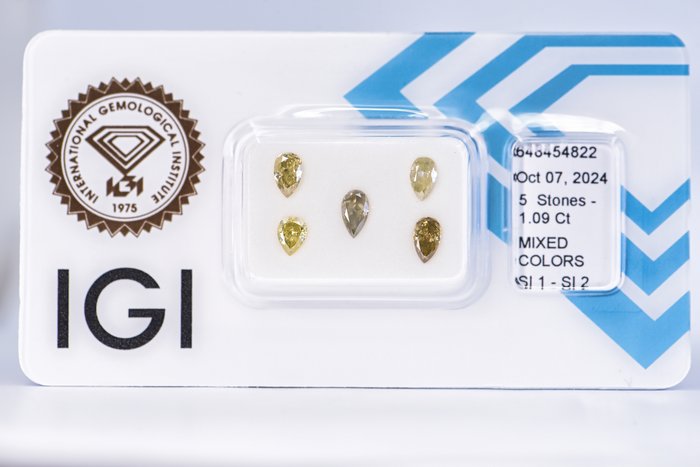 Ingen mindstepris - 5 pcs Diamant  (Naturfarvet)  - 1.09 ct - Pære - Fancy, Fancy deep Blandet gul - SI1, SI2 - International Gemological Institute (IGI)