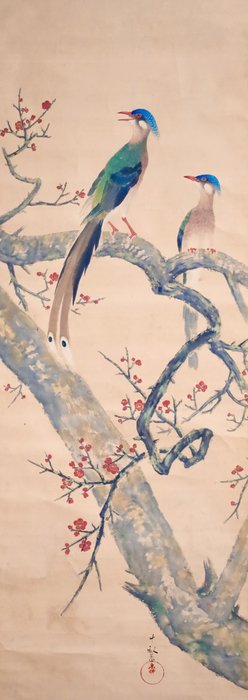 Red Plum - 2 Long-Tailed Birds - Hanging Scroll - Signed Jippō 十畝 - Japan  (Ingen mindstepris)