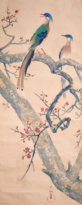 Red Plum - 2 Long-Tailed Birds - Hanging Scroll - Signed Jippō 十畝 - Japan  (Ingen mindstepris)