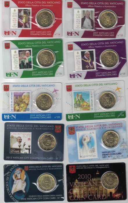 Vatikanstaten. Coin Card 2010/2019 (10 coincards)  (Ingen mindstepris)