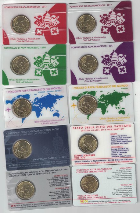 Vatikanstaten. Coin Card 2010/2019 (10 coincards)  (Ingen mindstepris)