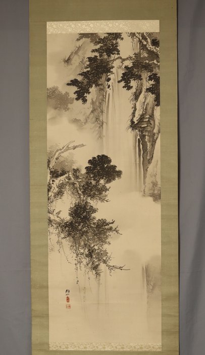 waterfall - With signature 'Kiseki saku' 輝石作 - Tatematsu Kiseki (1876-?) - Japan  (Ingen mindstepris)