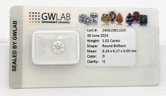 1 pcs Diamant  (Natur)  - 1.01 ct - Rund - D (farveløs) - I1 - Gemewizard Gemological Laboratory (GWLab)