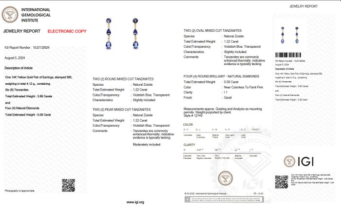 Ingen mindstepris - Øreringe - 14 karat Gulguld -  374ct tw Tanzanit - Diamant - Pink - IGI