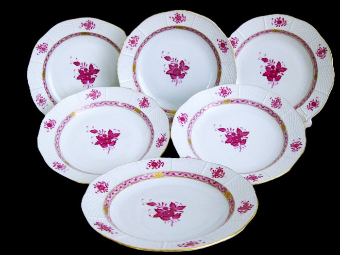 Herend - Tallerken - 6 Dinerborden - chinese Bouquet "patroon Apponyi Purple" Ø 25 cm - Porcelæn