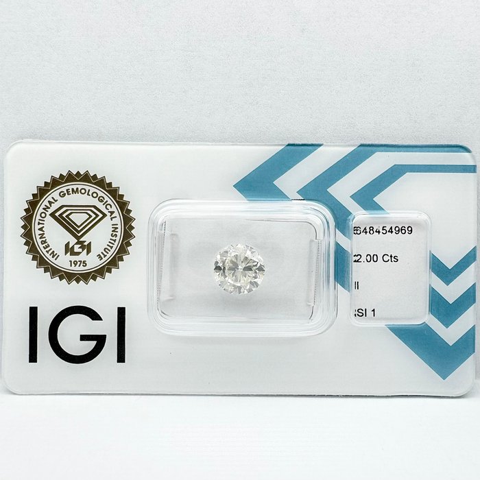 Ingen mindstepris - 1 pcs Diamant  (Natur)  - 2.00 ct - Rund - I - SI1 - International Gemological Institute (IGI)