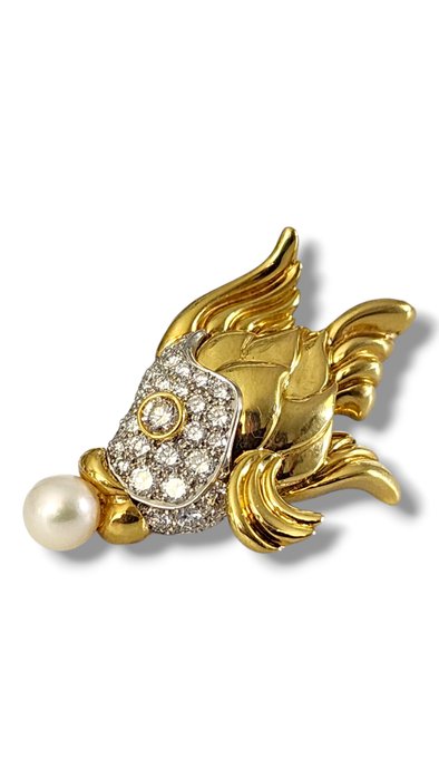 Broche - 18 kraat Gulguld, Fantastisk 18 karat guld diamantperlefiskbrochenål af J. Cooper -  2.00ct. tw. Diamant (Natur)