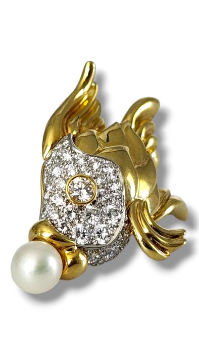 Broche - 18 kraat Gulguld, Fantastisk 18 karat guld diamantperlefiskbrochenål af J. Cooper -  2.00ct. tw. Diamant (Natur)