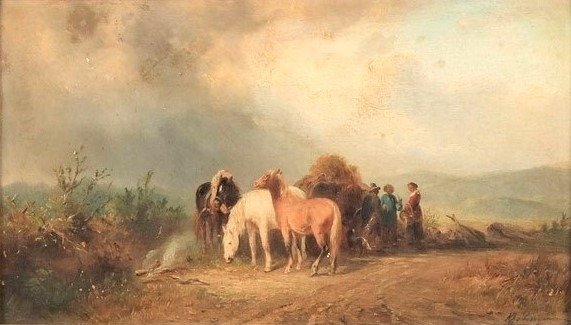 Albert Jurardus van Prooijen (1834-1898) - "Landschap met paarden en figuren"