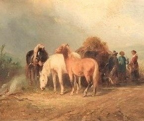 Albert Jurardus van Prooijen (1834-1898) - "Landschap met paarden en figuren"