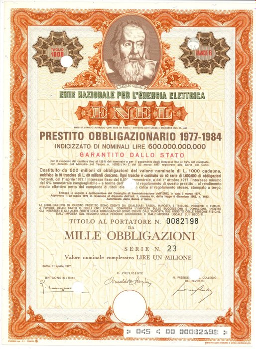 Italien. - 1 000 000 Lire 1977 - Enel (Galileo Galilei) (Top Deko)  (Ingen mindstepris)