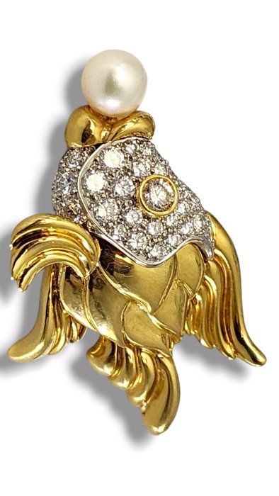 Broche - 18 kraat Gulguld, Fantastisk 18 karat guld diamantperlefiskbrochenål af J. Cooper -  2.00ct. tw. Diamant (Natur)