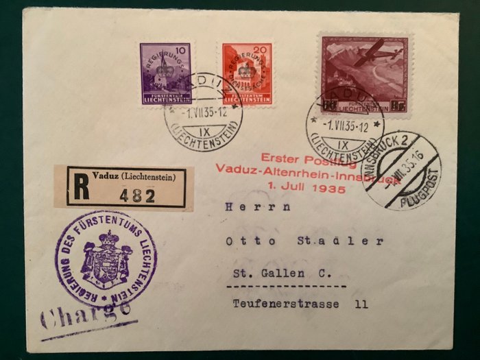 Liechtenstein 1935 - Første flyvning på statsbrev, afgift og med to servicestempler - sjælden kombination - Michel 148, D12 en D14