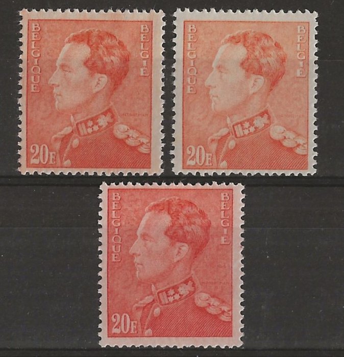 Belgien 1948 - 3 nuancer Poortman 20F Clear and Pale Orange Vermilion Red - OBP/COB 435A/Aa/B