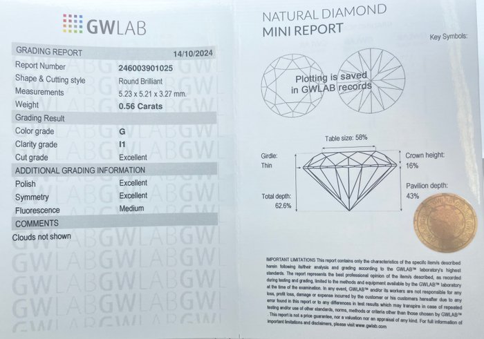 Ingen mindstepris - 1 pcs Diamant  (Natur)  - 0.56 ct - Rund - G - I1 - Gemewizard Gemological Laboratory (GWLab)