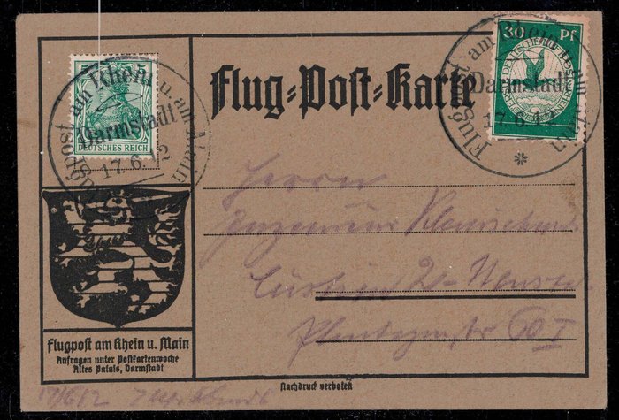 Tyske Kejserrige 1912 - Luftpost på Rhinen og Main sjælden 30 Pf enkelt frankering med Darmstadt stempel 17 april 1912 - Sieger:12