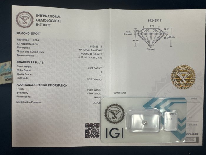 Ingen mindstepris - 1 pcs Diamant  (Natur)  - 028 ct - Rund - I - I1 - International Gemological Institute (IGI)