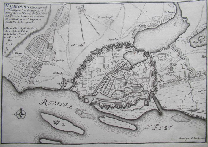 Tyskland - Hamborg Manheim; Nicolas de Fer / Charles Inselin - Hanbourg Ville Imperiale d’Allemagne très fameux port de Mer situèe a l’entrèe - Manheim cette - 1681-1700