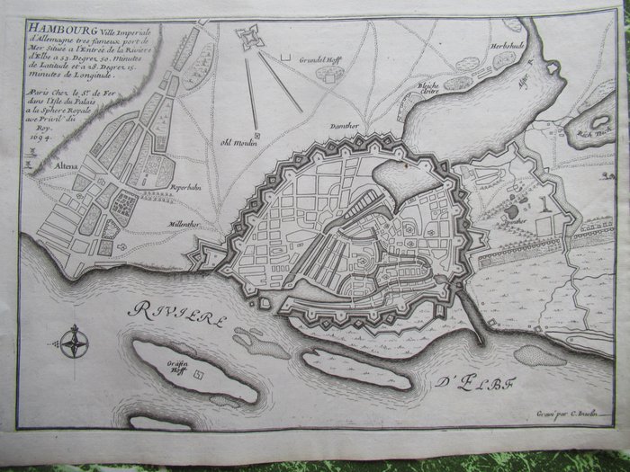 Tyskland - Hamborg Manheim; Nicolas de Fer / Charles Inselin - Hanbourg Ville Imperiale d’Allemagne très fameux port de Mer situèe a l’entrèe - Manheim cette - 1681-1700