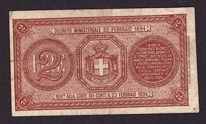 Italien. - 2 Lire 21/09/1894 - Gigante BS 6B