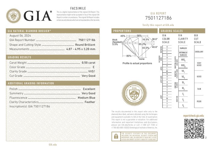 1 pcs Diamant  (Natur)  - 050 ct - Rund - E - VVS1 - Gemological Institute of America (GIA)