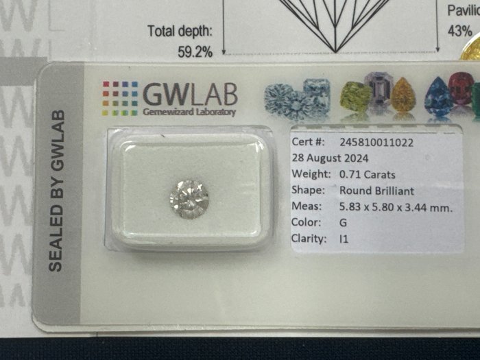 Ingen mindstepris - 1 pcs Diamant  (Natur)  - 0.71 ct - Rund - G - I1 - Gemewizard Gemological Laboratory (GWLab)