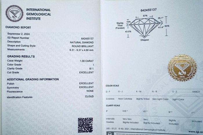 1 pcs Diamant  (Natur)  - 100 ct - Rund - I - SI1 - International Gemological Institute (IGI)