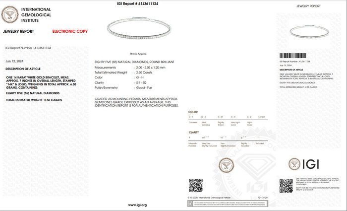 Armring - 14 karat Hvidguld -  2.50ct. tw. Diamant (Natur)