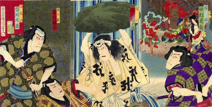 Original woodblock print triptych - Scene from the kabuki play 'Yaguradaiko Narita adauchi' 櫓太鼓成田仇討 - Toyohara Kunichika (1835-1900) - Japan -  Meiji-perioden (1868-1912)