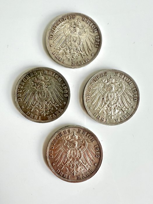 Tyskland, Emperie. Collection of 3 Marks from Preussen, Württemberg, Sachsen 1909-1912  (Ingen mindstepris)