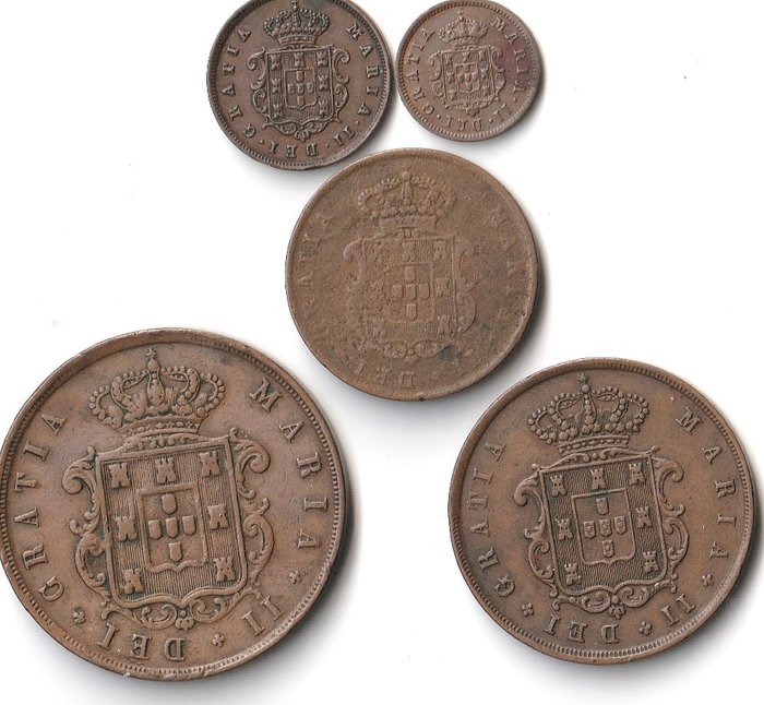 Portugal, Portugisisk Mozambique. D. Maria II (1834-1853). I + II + V + X + XX Reis 1853 (5 coins)  (Ingen mindstepris)